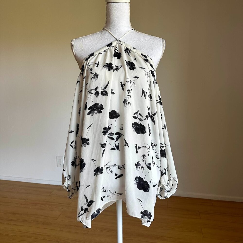 1. State off-the-shoulder 3/4 sleeve White and Black Floral Blouse | Size Large